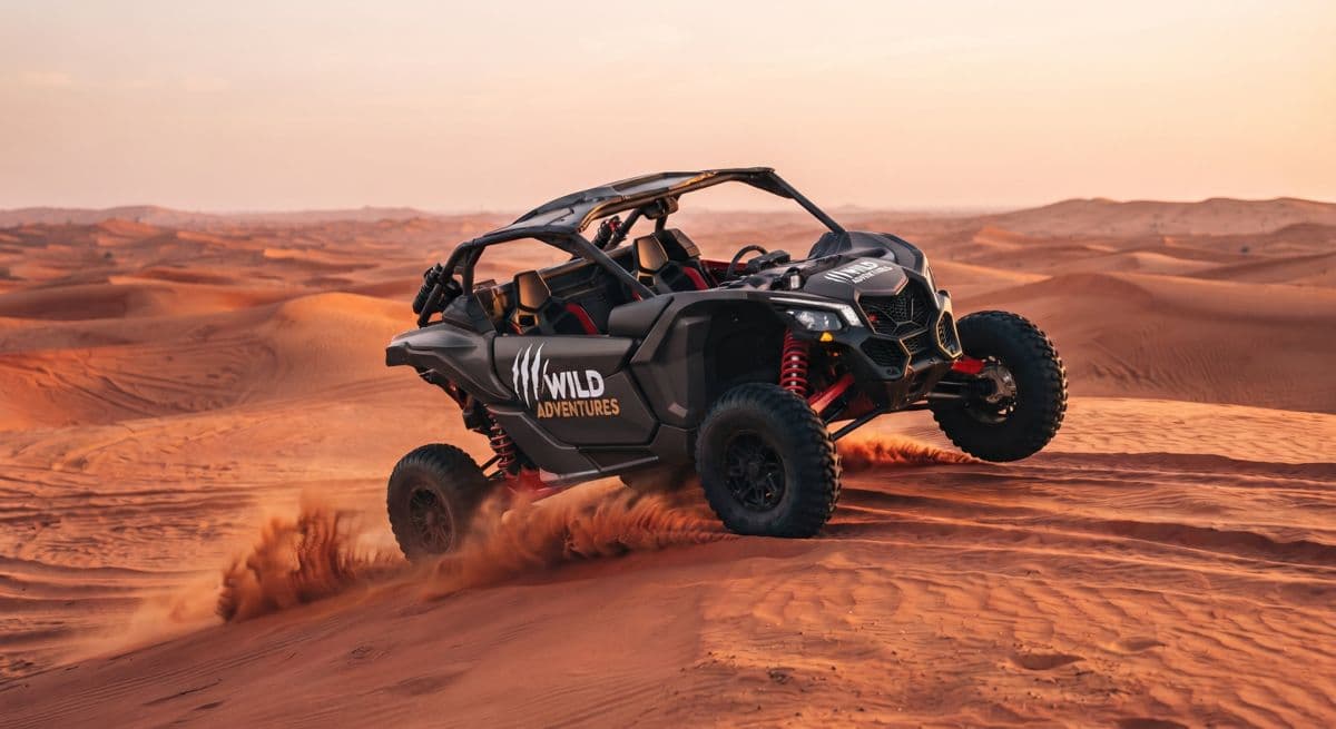 Black Can-Am Maverick R with Wild Adventures logo on a dune